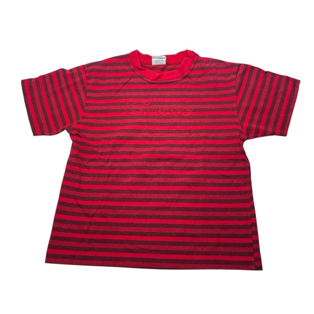 Vintage Guess Red Striped Shirt 90s Y2K Black Embroidered Youth Boys Size XL
